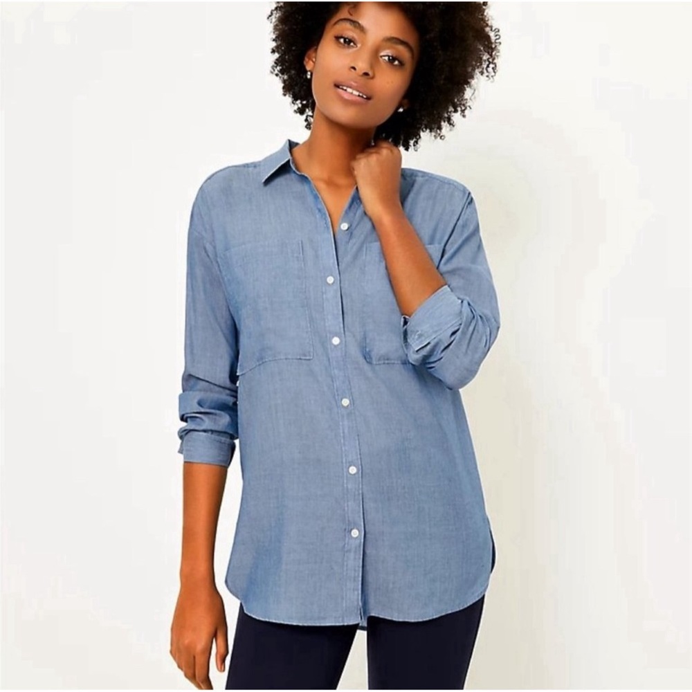 Loft Women's Blue Chambray Button Front Tunic Top Blouse Size Medium‎